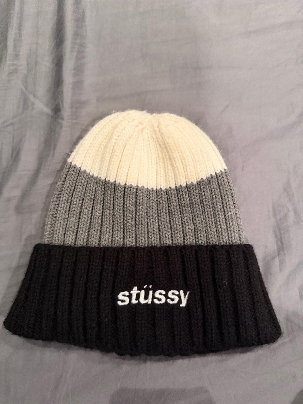 Stussy Tricolor Ribbed Beanie - Black, Gray & Cream